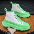 Stylish men's high-top thick sole fashion casual boots in white and vibrant neon green - 39 / White & Green Contrast