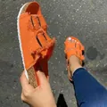 Stylish women's bright orange canvas slides featuring fringe detail and double buckles - Orange Red