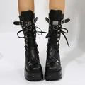 Women's punk style black platform mid-calf boots featuring metal buckles and lace-up detail - 35 / Black