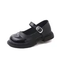 Close-up detail of black two-tone girls' Mary Jane shoes featuring a silver buckle strap. - Size 21 Inner Length 13.8cm / British Solid Black Style / Black