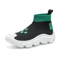 Breathable flyknit sock sneakers for men in black and green with thick white sole - Black and Green (9089)