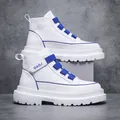 Stylish men's high-top white sneakers with vibrant blue accents and side buckle straps - 40 / White Blue