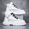 Stylish men's high-top white sneakers with black elastic bands and buckle detail - 43 / White Black
