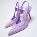 Detailed side view of lavender pointed-toe slingback heels with elegant slim stiletto heels - 35 / Violet