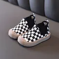Winter boys' black and white checkerboard canvas shoes with warm padded lining. - Plaid