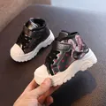 Warm fleece-lined children's boots with pink polka dots and a cute sequin bunny motif - Inner Length 14.0cm (Size 23) / Black