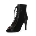 Black lace-up open-toe dance boots with 7cm stiletto high heels for women. - 38 / 7CM Heel / Black