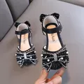 Elegant black girls' princess shoes with sparkling bowknot and pearl details for parties - Black