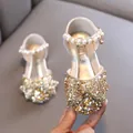 Funkelnde goldene Glitzerschuhe für Mädchen mit großer Schleife und Perlenriemen - 21 / Gold
