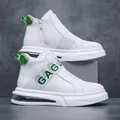 Stylish men's high-top white sneakers with green accents and visible air cushion sole. - 38 / High-Top Board Shoes / White Green High Top (1721)