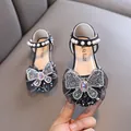Elegant girl's black princess shoes with sparkling rhinestone bow and pearl strap - 21 / Black