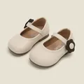 Elegant cream toddler Mary Jane shoes with dark brown flower accent for girls. - Beige / Size 16 (Inner Length 12.5cm)