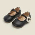 Classic black Mary Jane toddler walking shoes with decorative white flower for girls - Size 15 (Inner Length 12.0cm) / Flower Princess Toddler Shoes / Black
