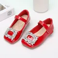 Ballerines élégantes en cuir verni rouge pour filles avec boucle carrée en strass - Rouge