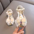 Elegantes zapatos de princesa dorados para niñas con tira de perlas y lazo de encaje - 21 / Dorado