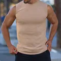 Men's beige ribbed knit sleeveless gym tank top with slim fit for workout use - M / Tops / Khaki