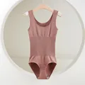 Rose pink seamless shapewear bodysuit with tummy control hanging on a wooden hanger. - XS/S / Set / Brown