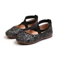 Sparkly black glitter girls' princess shoes featuring cross elastic straps for dance - Black