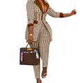 Detailed view of women's shawl collar blazer and pants set in brown houndstooth. - S / Top And Bottom / Coffee