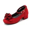 Elegant girls' red suede Mary Jane shoes with large flower ornament and block heel. - 27 / Red