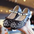 Elegant black glitter Mary Jane shoes for girls featuring a bow and pearl strap - 26 / Black