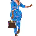 Detail of blue denim-print blazer and pants set with pink shawl collar - S / Top And Bottom / Blue