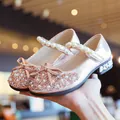 Elegant pink glittery girls' Mary Jane princess shoes featuring pearls and bow accents - 26 / Pink