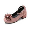 Elegant girls' pink suede Mary Jane shoes featuring a floral toe decoration and block heel - 27 / Pink