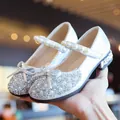 Elegant silver glitter girls' princess Mary Jane shoes with pearls and rhinestones. - 26 / Silver