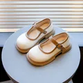 Elegant off-white girls Mary Jane shoes with brown trim and thick soles for spring - 21 / Round Toe Princess Single Shoes (HSH- L333) / Beige