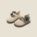 Cream fly-woven baby girl princess shoes with houndstooth flower accent and brown sole - Beige