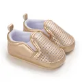 Detailed view of golden PU leather infant pre-walker shoes with breathable hollow design - Gold