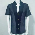 Men's black hollow-out crochet knit shirt with short sleeves and button-down front. - M / Tops / Black