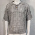 Detailed view of grey mesh knit polo shirt with hollow-out pattern and lapel collar - M / Tops / Gray