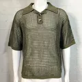 Detailed close-up view of olive green hollow-out knit polo shirt on white mannequin - Army Green