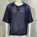 Men's navy blue hollow-out knit polo shirt with stylish mesh texture and loose fit design - Dark Blue