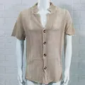 Men's khaki hollow-out knit cardigan with lapel collar and short sleeves - Beige