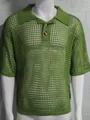 Detailed view of green hollow-out knit polo shirt showing texture and lapel collar design - Green