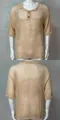 Detailed front and back views of a beige hollow knit polo shirt for men with mesh pattern - M / Tops / Khaki