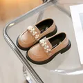 Stylish girls' patent leather loafers with elegant pearl flower decor and soft sole - Size 23 (15cm) / Pearl Princess Single Shoes (HSH-H12) / Khaki