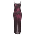 Elegant dark floral lace-trim slip maxi dress with slim fit and spaghetti straps. - S / Dresses / Burgundy