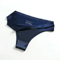 Seamless navy blue ice silk thong for women with a breathable 100% cotton crotch - M / Bottoms / Blue