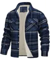 Close-up detail view of mens blue plaid jacket featuring warm white sherpa lining - Navy Blue