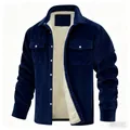 Close-up detail of men's navy blue corduroy jacket featuring a warm white sherpa fleece lining - S / Tops / Navy Blue