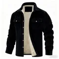 Detail view of men's black corduroy jacket with warm fleece lining and chest pockets - S / Tops / Black