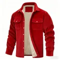 Detailed view of red corduroy jacket with soft fleece lining and buttoned pockets. - 3XL / Top (Corduroy Style) / Red