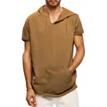 Frontal view of a men's khaki sleeveless workout hoodie featuring kangaroo pocket - M / Tops / Dark Brown