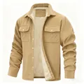 Detailed view of men's corduroy jacket with soft plush lining and chest pockets - S / Tops / Khaki