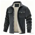 Detailed view of men's charcoal corduroy jacket featuring a thick plush fleece lining - 3XL / Top (Corduroy Style) / Dark Gray