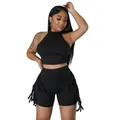 Chic black two-piece set with sleeveless halter crop top and fringe shorts for women - Black
